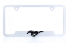 White Plastic License Frame with 3D Mustang Pony Black Emblem - Notch Bottom Frame