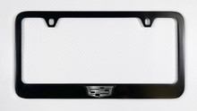 Cadillac Logo Black Coated License Plate Frame in Exposed Chrome Imprint — Wide Bottom Frame