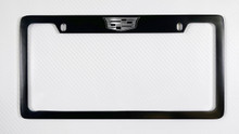 Cadillac Logo Black Coated License Plate Frame in Exposed Chrome Imprint — Top Engraved Frame
