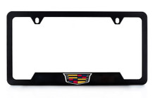 Black Coated Zinc License Plate Frame with Epoxy Filled Cadillac Logo - Notch Bottom Frame