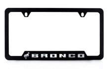 Ford Bronco Black Coated Metal License Plate Frame with Exposed Chrome Logo - Notch Bottom Frame