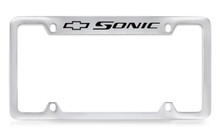 Chevrolet Sonic Logo Top Engraved Chrome Plated Brass License Plate Frame With Black Imprint