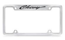 Chevy Script Top Engraved Chrome Plated Metal License Plate Frame With Black Imprint