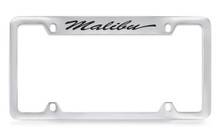 Chevrolet Malibu Logo Script Top Engraved Chrome Plated Metal License Plate Frame With Black Imprint