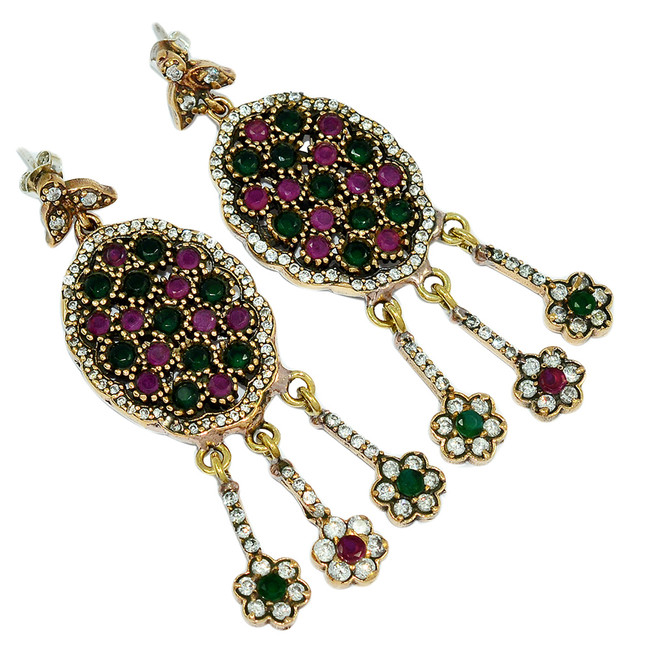 22g Turkish - Treated Ruby, Emerald & CZ 925 Silver Two Tone Earrings CE8431