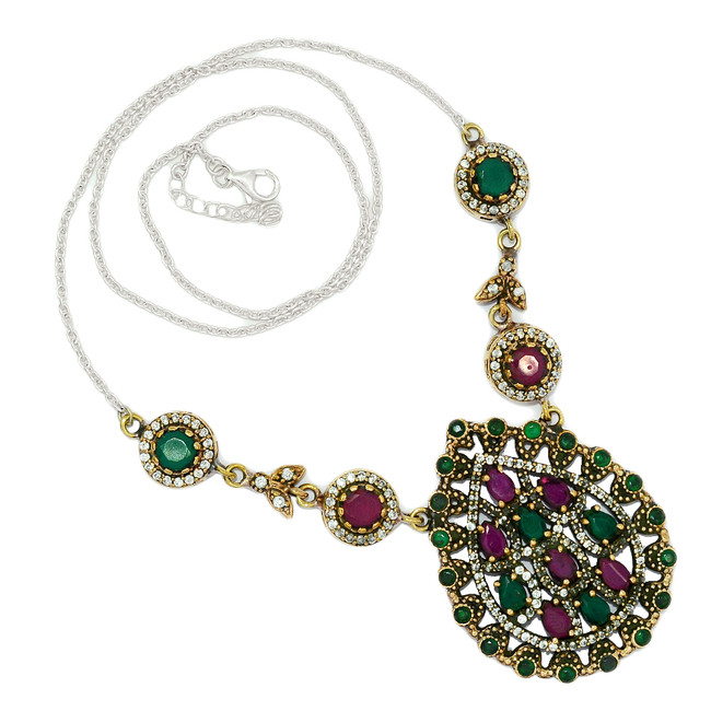29g Turkish - Treated Emerald, Ruby & CZ 925 Silver Two Tone Necklace SN18775