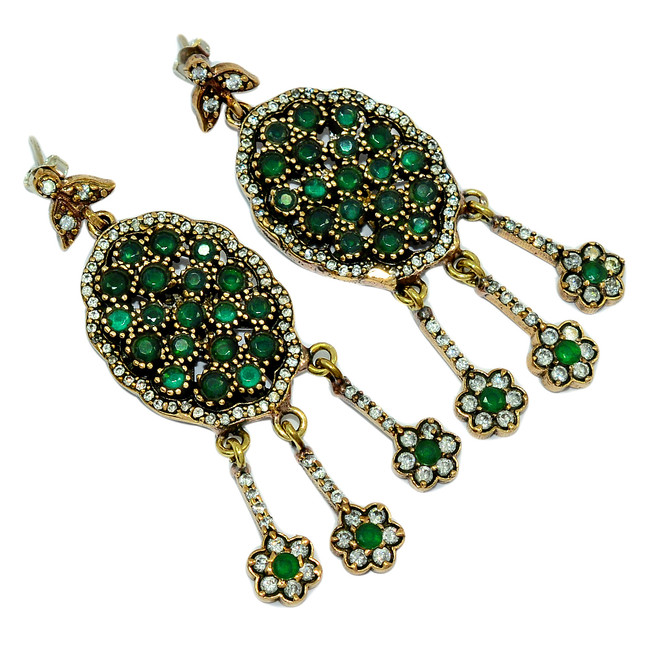 33g Turkish - Treated Emerald & CZ 925 Silver Two Tone Earrings CE8436
