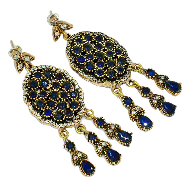 21g Turkish - Treated Sapphire & CZ 925 Silver Two Tone Earrings CE8435