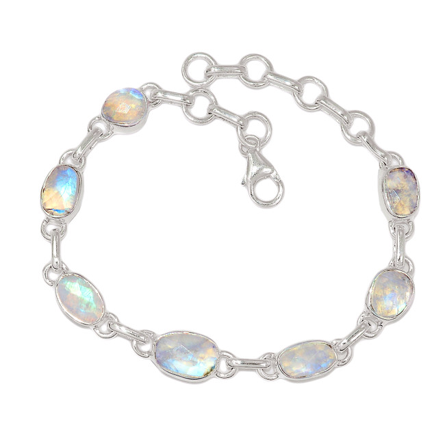 Faceted Natural Rainbow Moonstone - India 925 Silver Bracelet Jewelry SB17059