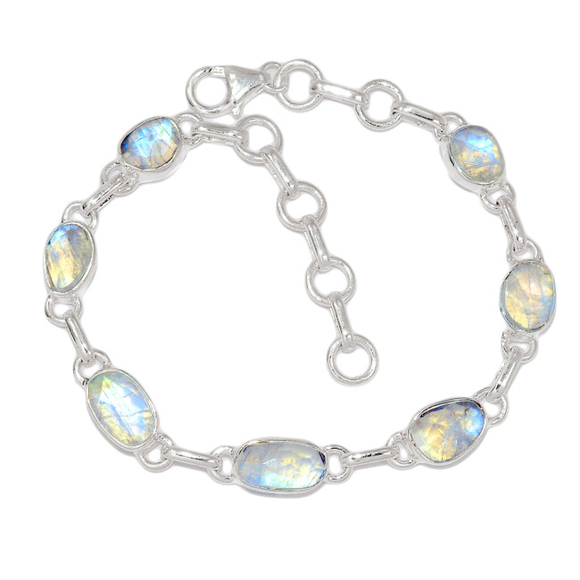 Faceted Natural Rainbow Moonstone - India 925 Silver Bracelet Jewelry SB17056