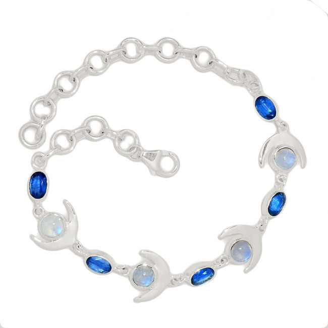 Natural Rainbow Moonstone & Kyanite 925 Sterling Silver Bracelet Jewelry SB17217