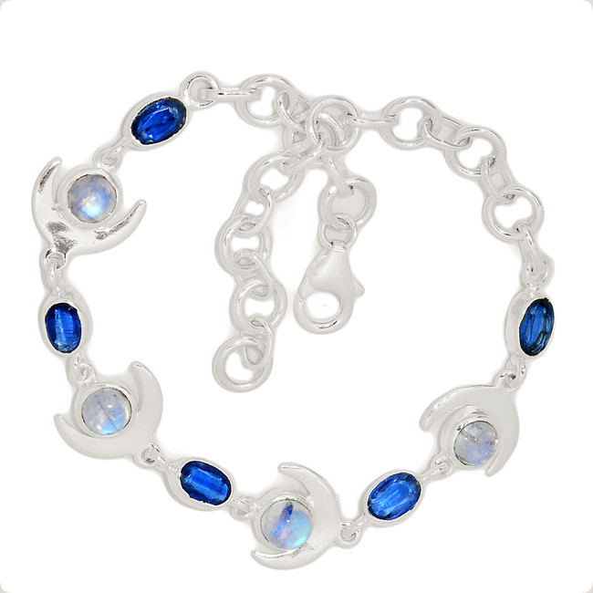 Natural Rainbow Moonstone & Kyanite 925 Sterling Silver Bracelet Jewelry SB17218