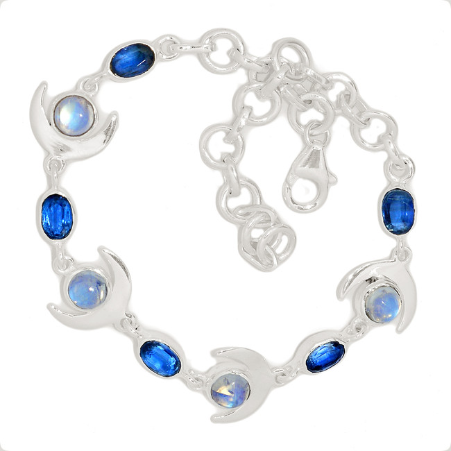 Natural Rainbow Moonstone & Kyanite 925 Sterling Silver Bracelet Jewelry SB17220