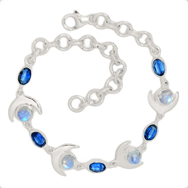 Natural Rainbow Moonstone & Kyanite 925 Sterling Silver Bracelet Jewelry SB17219