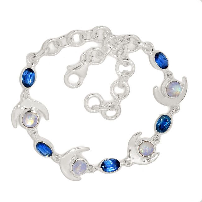 Natural Rainbow Moonstone & Kyanite 925 Sterling Silver Bracelet Jewelry SB17221