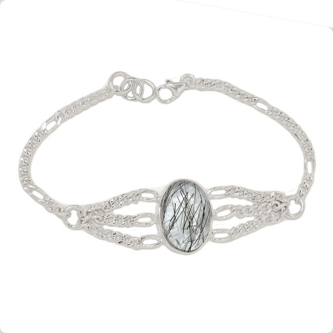 Natural Tourmalated Quartz/Black Rutile 925 Silver Bracelet Jewelry SB17223