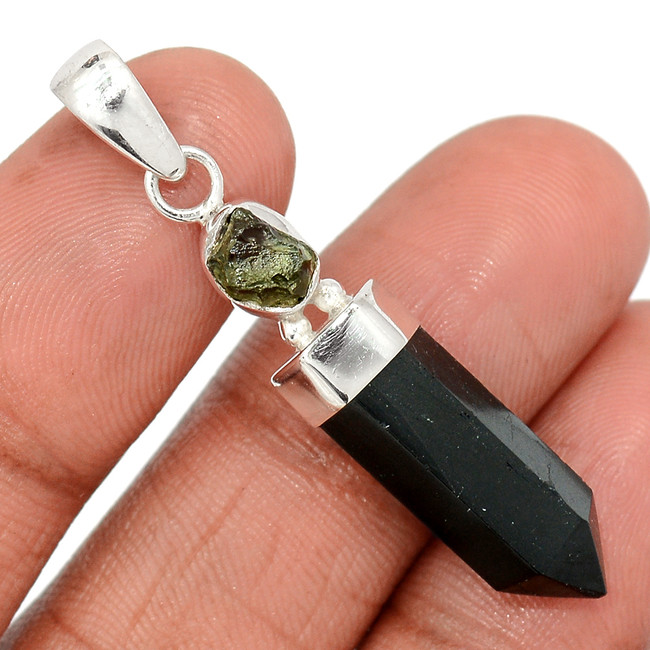 Natural Black Tourmaline & Moldavite 925 Sterling Silver Pendant Jewelry CP32897