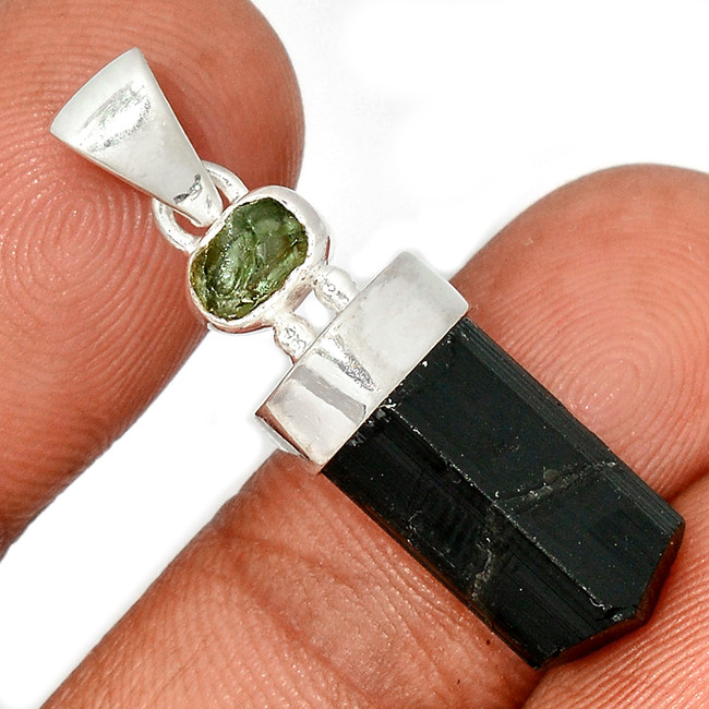 Natural Black Tourmaline & Moldavite 925 Sterling Silver Pendant Jewelry CP32634