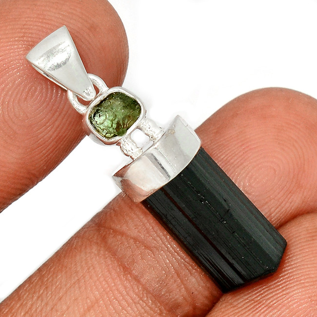 Natural Black Tourmaline & Moldavite 925 Sterling Silver Pendant Jewelry CP32633