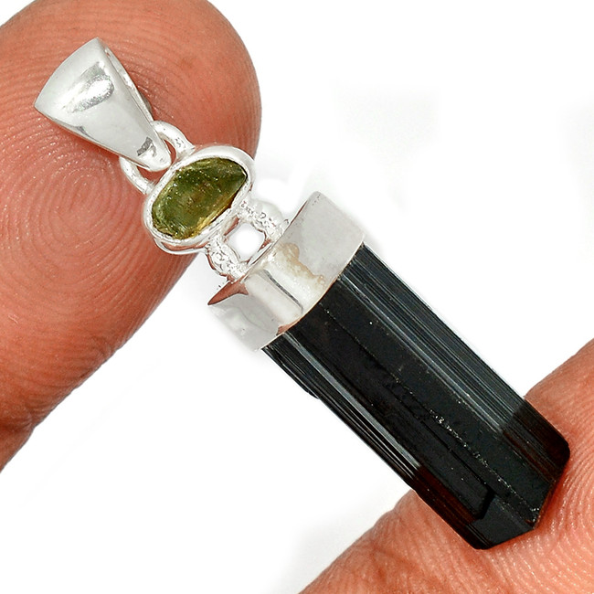 Natural Black Tourmaline & Moldavite 925 Sterling Silver Pendant Jewelry CP32636
