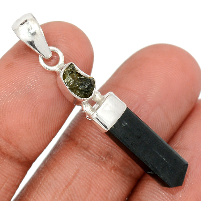 Natural Black Tourmaline & Moldavite 925 Sterling Silver Pendant Jewelry CP32893