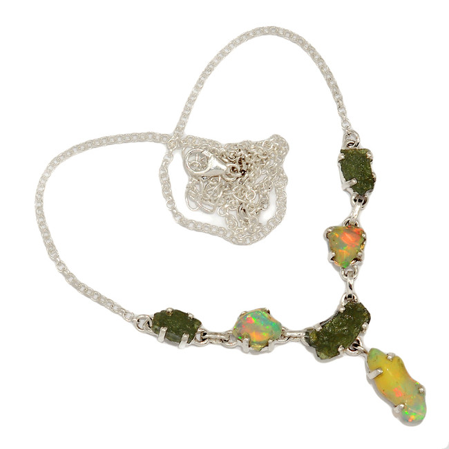 Natural Ethiopian Opal Rough & Moldavite 925 Silver Necklace Jewelry SN18904