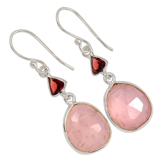 Natural Rose Quartz - Madagascar & Garnet 925 Silver Earrings Jewelry ALLE-16702