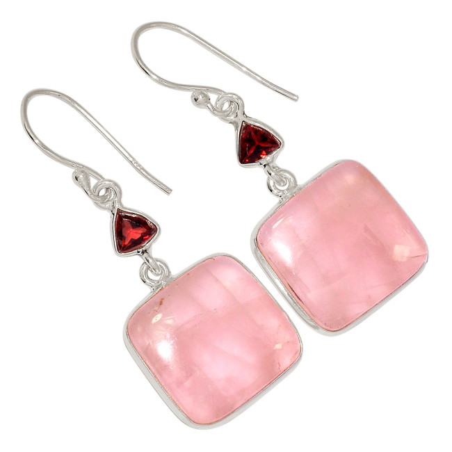 Natural Rose Quartz & Garnet 925 Sterling Silver Earrings Jewelry ALLE-16467