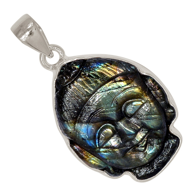 12g Natural Buddha Carved Face - Labradorite 925 Silver Pendant ALLP-24568