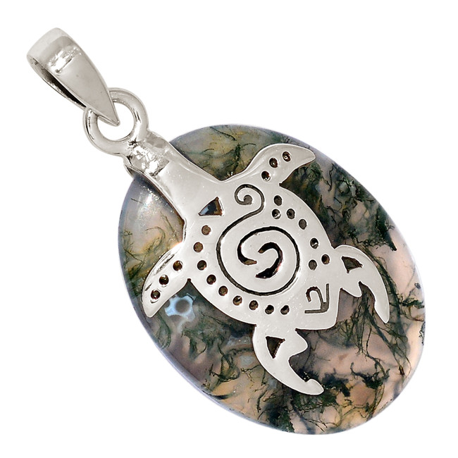 Turtle - Natural Moss Agate - India 925 Silver Pendant Jewelry ALLP-26066