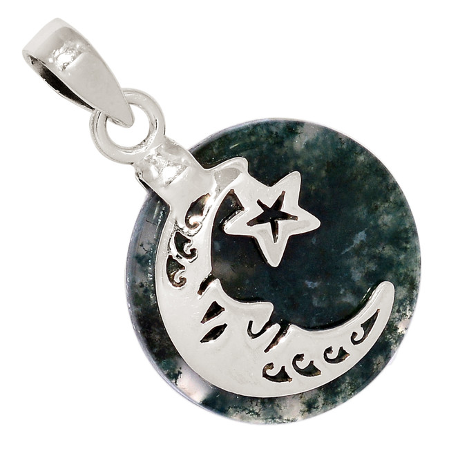 Crescent Moon & Star - Natural Moss Agate - India 925 Silver Pendant ALLP-25963