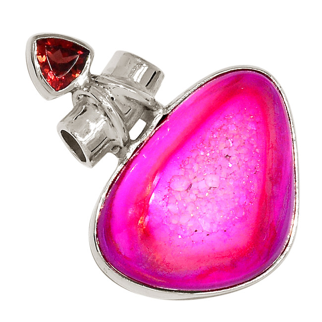 Treated Fleece Pink Aura Druzy & Garnet 925 Silver Pendant Jewelry ALLP-26893
