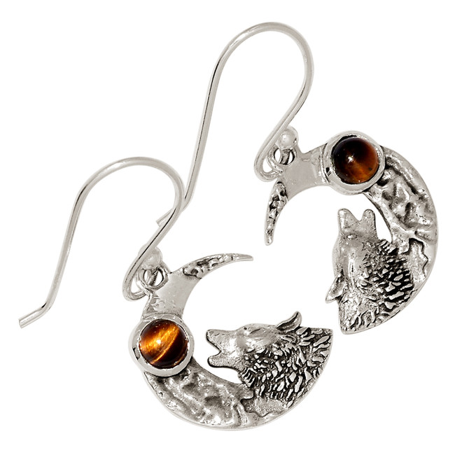 Wolf & Crescent Moon - Natural Tiger Eye - Africa 925 Silver Earrings ALLE-17283