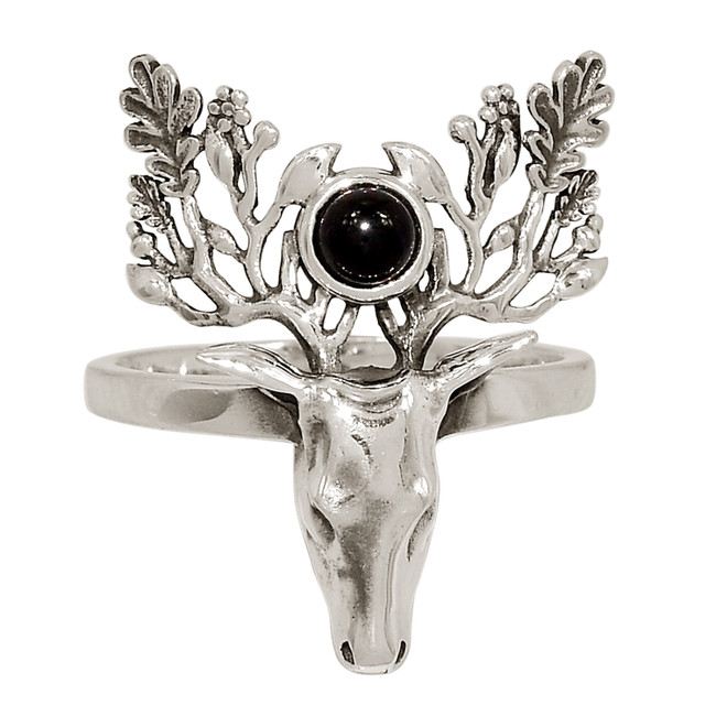 Deer Face - Black Onyx - Brazil 925 Sterling Silver Ring Jewelry s.9 ALLR-27983