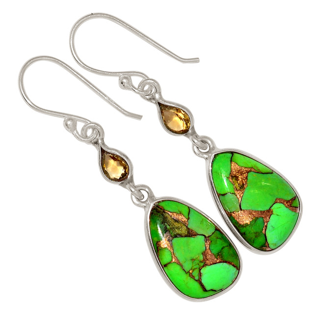 Composite Copper Green Turquoise & Citrine 925 Silver Earrings ALLE-17371