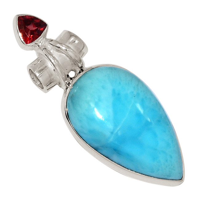 Genuine Larimar - Dominican Republic & Garnet 925 Silver Pendant ALLP-27328