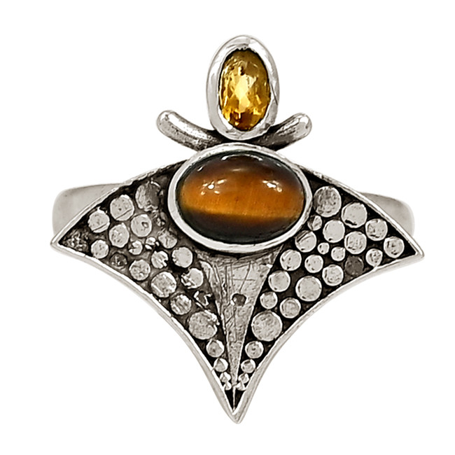 Natural Tiger Eye - South Africa & Citrine 925 Silver Ring s.9 ALLR-29062