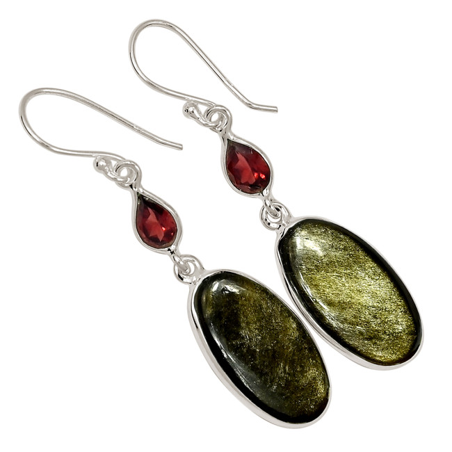 Natural Silver Sheen Obsidian & Garnet 925 Silver Earrings Jewelry ALLE-17940