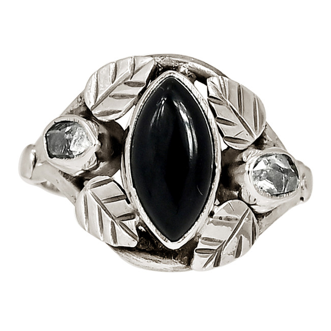 Leaves - Black Onyx & Herkimer Diamond 925 Silver Ring Jewelry s.8 ALLR-29164