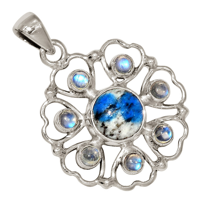 Natural K2 Blue - Azuite In Quartz & Moonstone 925 Silver Pendant ALLP-27405