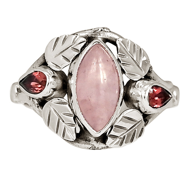 Leaves - Natural Rose Quartz & Garnet 925 Silver Ring Jewelry s.8 ALLR-29162