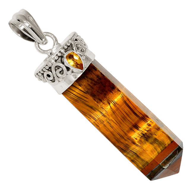 Natural Tiger Eye Point - South Africa & Citrine 925 Silver Pendant ALLP-27896