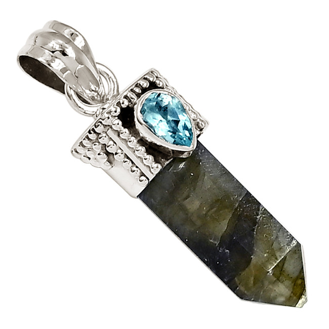 Natural Labradorite - Madagascar & Blue Topaz 925 Silver Pendant ALLP-27570