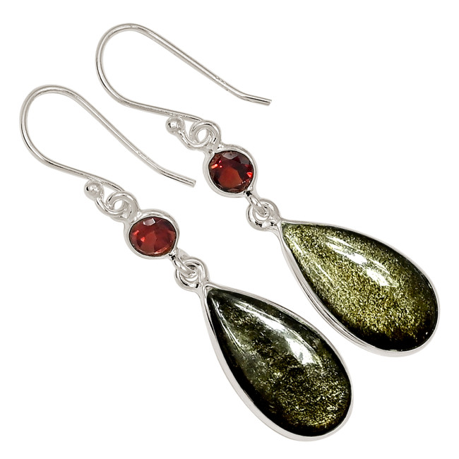Natural Silver Sheen Obsidian & Garnet 925 Silver Earrings Jewelry ALLE-17946
