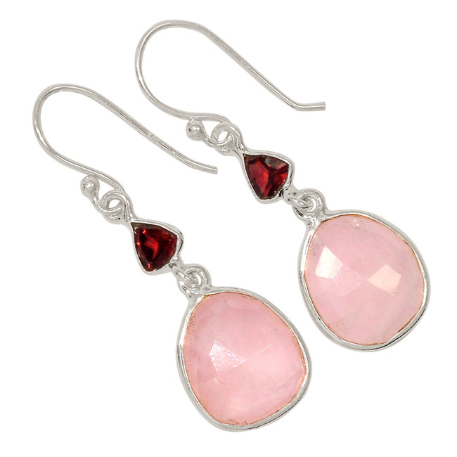 Natural Faceted Rose Quartz & Garnet 925 Silver Earrings Jewelry ALLE-17501