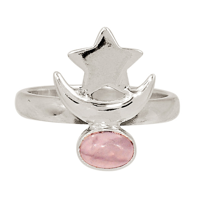 Moon & Star - Natural Rose Quartz - Madagascar 925 Silver Ring s.6 ALLR-29373