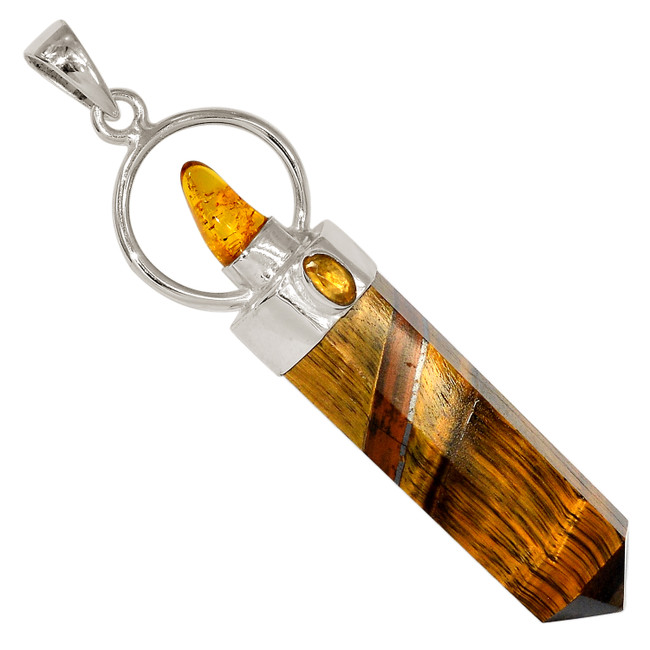 Natural Tiger Eye, Baltic Amber & Citrine 925 Silver Pendant Jewelry ALLP-28065