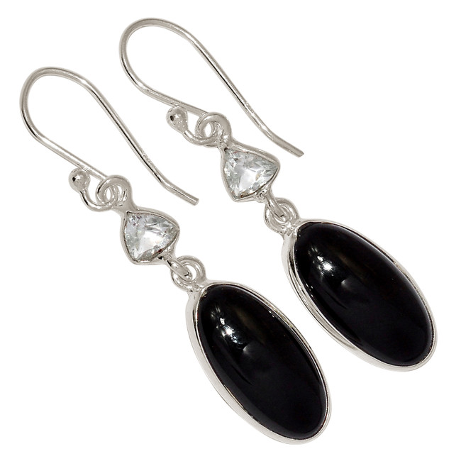 Black Onyx - Brazil & White Topaz 925 Silver Earrings Jewelry ALLE-17455