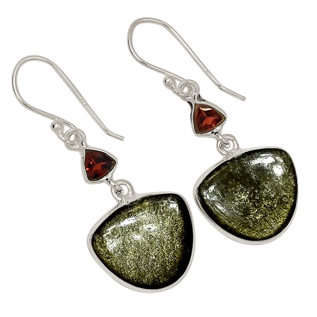 Natural Silver Sheen Obsidian & Garnet 925 Silver Earrings Jewelry ALLE-17947