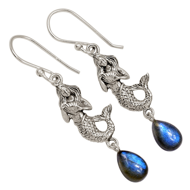 Mermaid - Natural Labradorite - Madagascar 925 Silver Earrings ALLE-17676